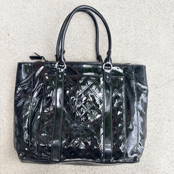Ann Taylor LOFT Black Patent Leather Quilted Tote Laptop Bag– Fuchsia Lining 18" - Picture 1 of 6